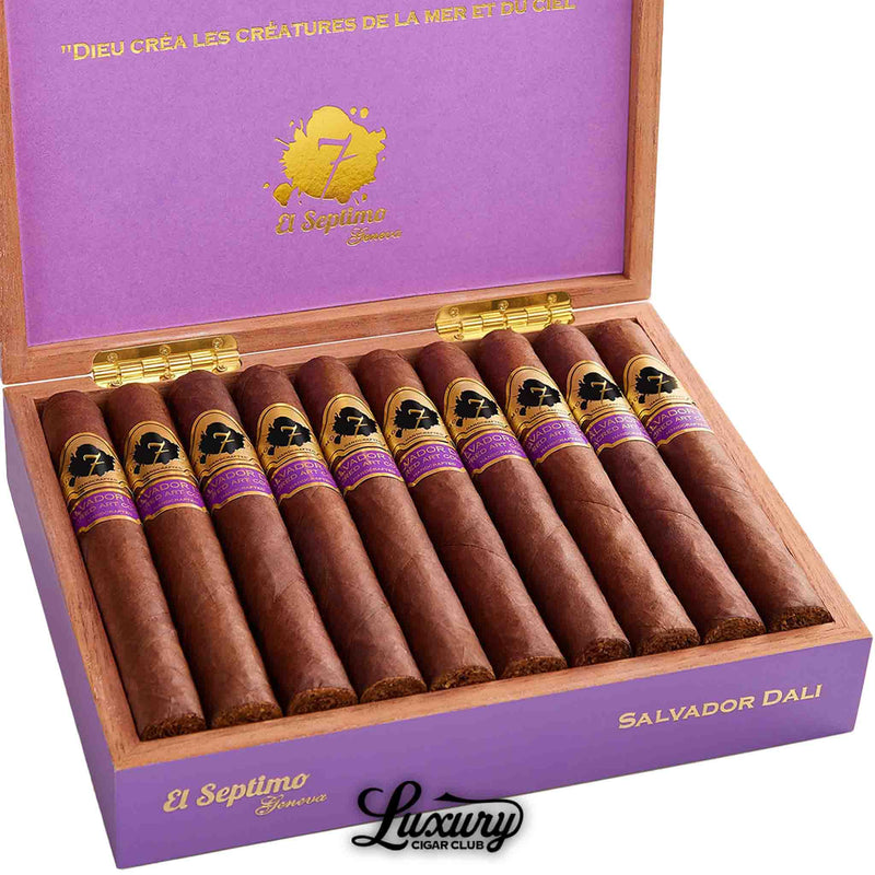 Close up of El Septimo Sacred Arts Collection Salvador Dali cigars in purple box showing detailed gold and purple cigar bands from Luxury Cigar Club