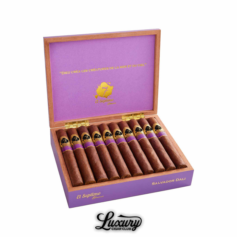 Open yellow lined wooden box of El Septimo Sacred Arts Collection Salvador Dali cigars with purple and gold bands from Luxury Cigar Club
