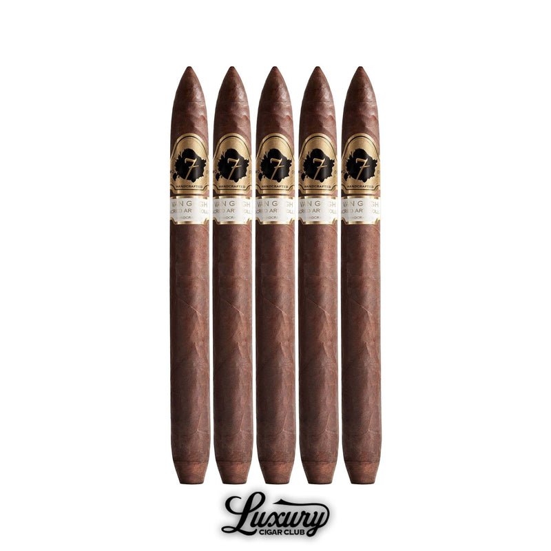 Five El Septimo Sacred Arts Collection Van Gogh cigars in a row with dark wrappers and elegant gold and black bands shown by Luxury Cigar Club.