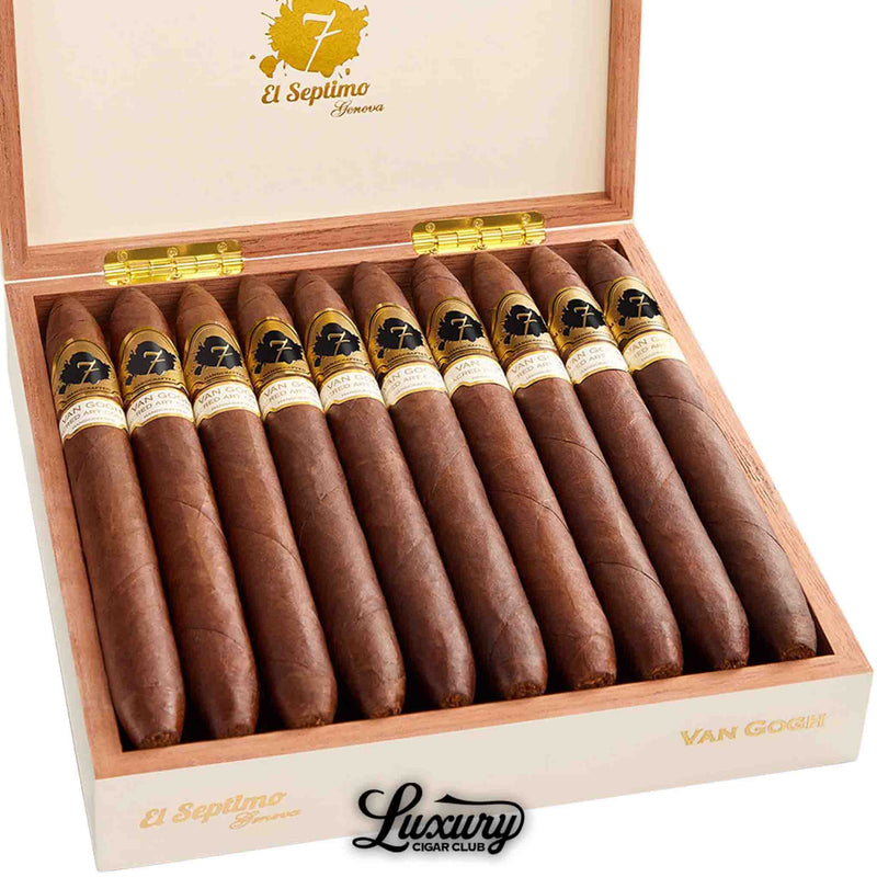 Close up of an open El Septimo Sacred Arts Collection Van Gogh box featuring premium hand rolled cigars with gold accents presented by Luxury Cigar Club.