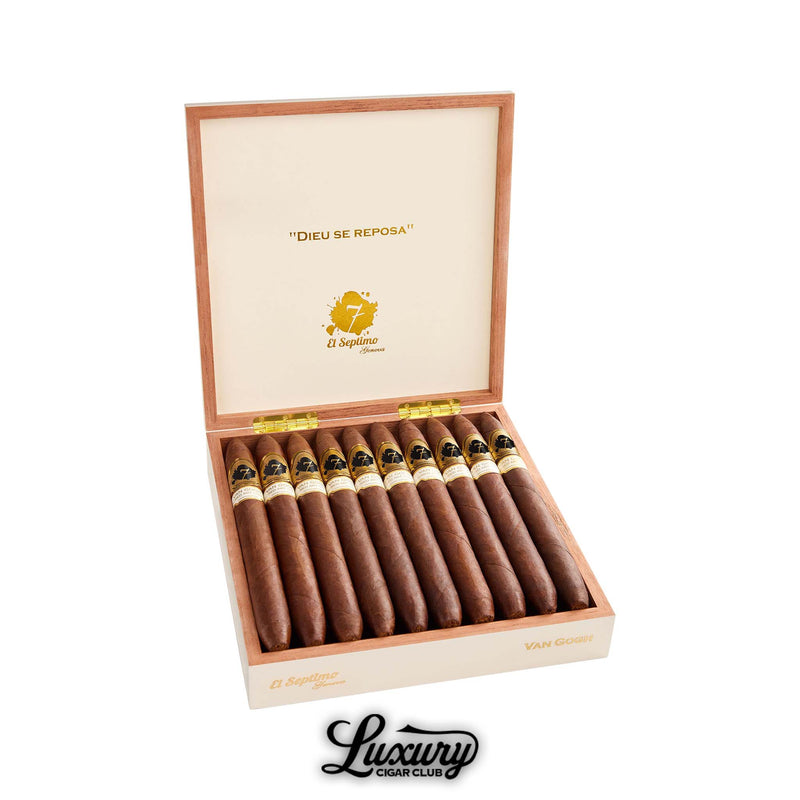 Open box of El Septimo Sacred Arts Collection Van Gogh cigars with ten neatly arranged brown cigars in a white and gold box displayed by Luxury Cigar Club.