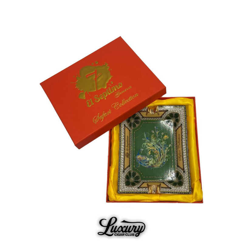 Elegant green cigar ashtray with intricate peacock artwork, gold detailing, and decorative frame, packaged in a red El Septimo presentation box.