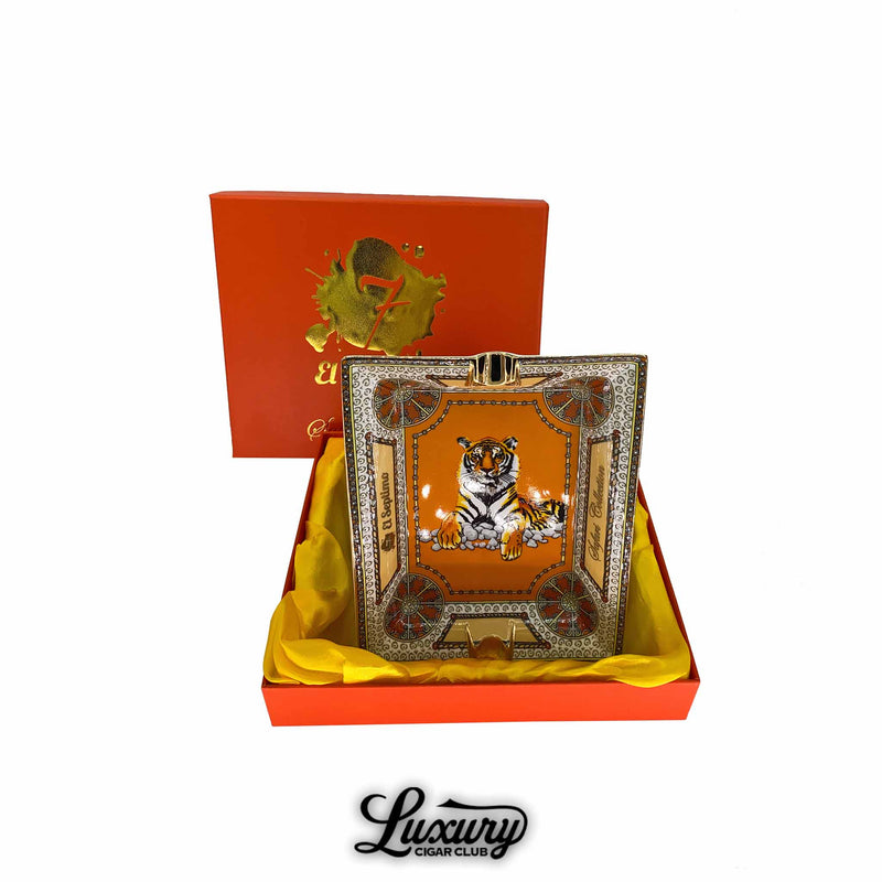 Premium orange rectangular cigar ashtray showcasing a tiger motif with elaborate border design, displayed in a luxury El Septimo gift box.