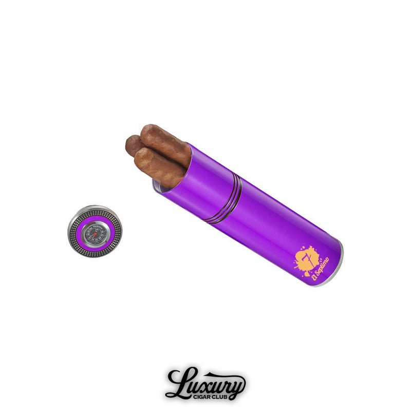 El Septimo small amethyst purple travel humidor with cigars and hygrometer from Luxury Cigar Club.