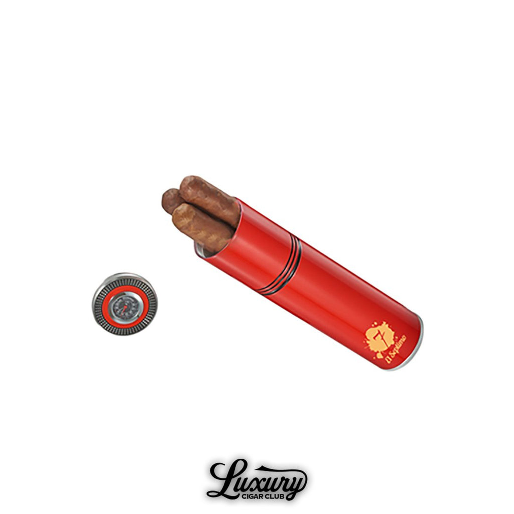El Septimo small ruby red travel humidor holding cigars with hygrometer from Luxury Cigar Club.