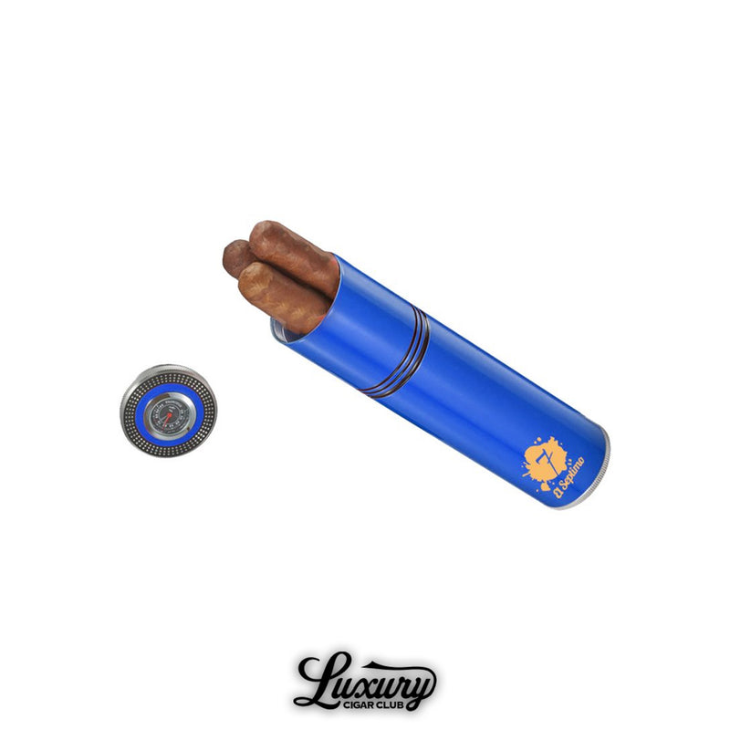 El Septimo small sapphire blue travel humidor designed to store cigars with hygrometer from Luxury Cigar Club.