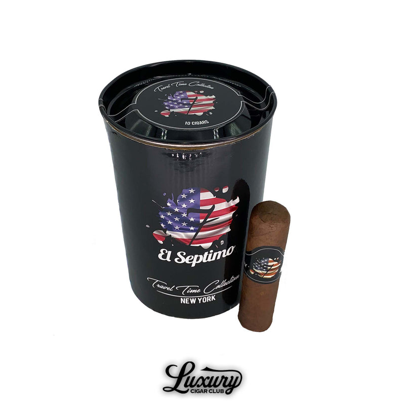 El Septimo Travel Time Collection New York cigars tin with bold USA flag design and premium cigar on display – Luxury Cigar Club