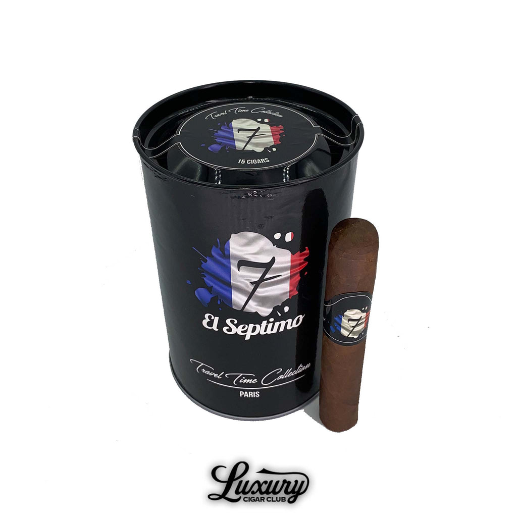 El Septimo Travel Time Collection Paris cigars tin with French flag design and luxury cigar showcased – Luxury Cigar Club