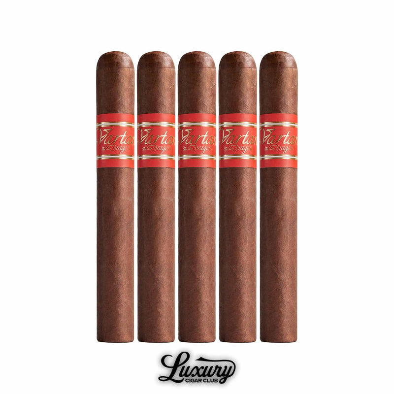 Luxury Cigar Club El Septimo Vartan The Dragon Gordo five pack lineup showing five evenly arranged cigars with striking red and gold bands against a white background.