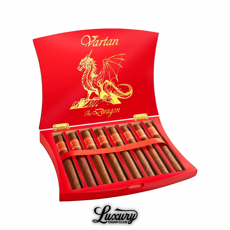 Luxury Cigar Club El Septimo Vartan The Dragon Gordo cigar box displayed open in a bright red case featuring a gold dragon design with twelve premium cigars secured inside.