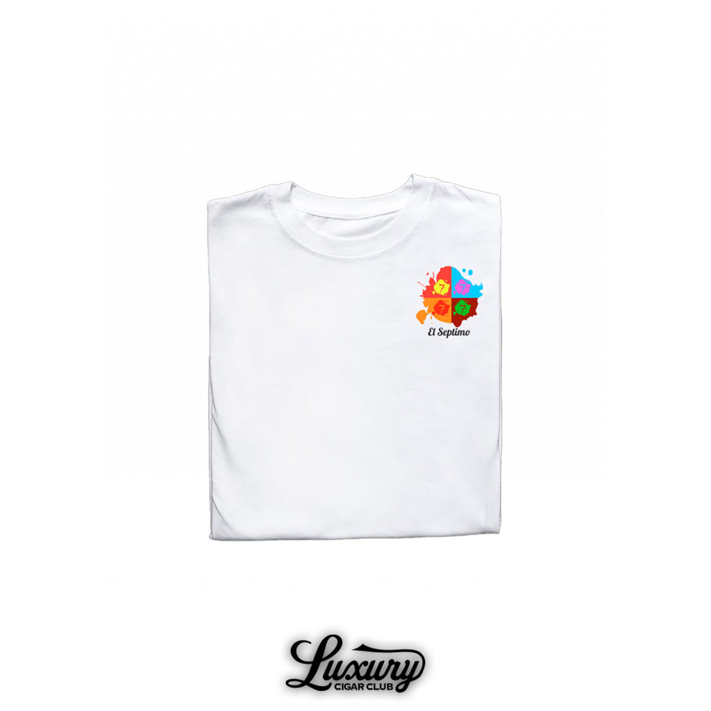 White premium El Septimo t-shirt featuring a colorful Warhol-inspired logo design, perfect cigar lifestyle apparel for enthusiasts.