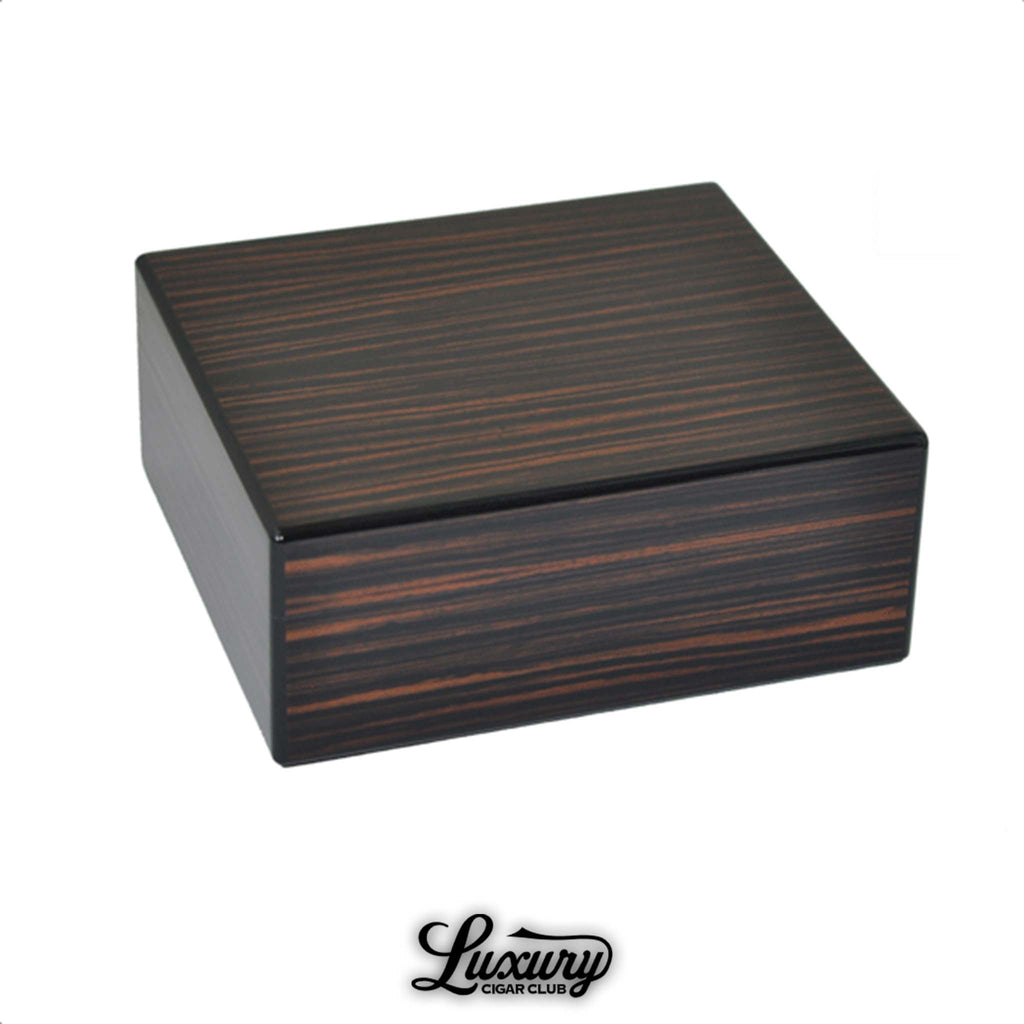 Elie Bleu Classic Humidor in dark wood finish with sleek striped grain design, presented by Luxury Cigar Club.