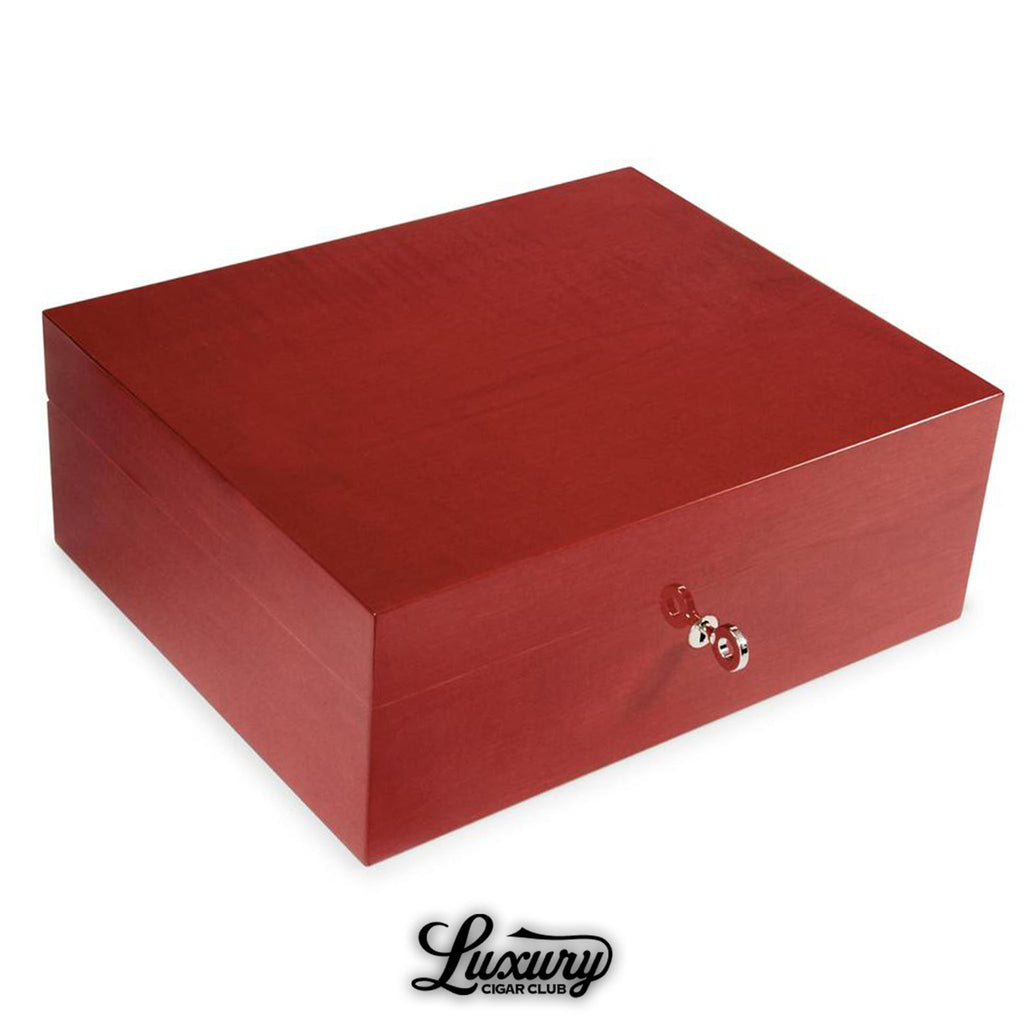 Elie Bleu Fruit Humidor in rich red lacquer finish with elegant silver key lock, designed for refined cigar preservation, featured by Luxury Cigar Club.