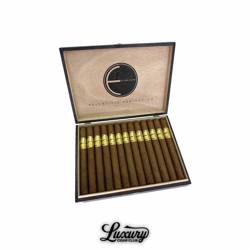 Box of Escobar Natural Double Corona cigars displayed open showing long slim brown cigars with gold bands arranged in rows inside wooden black trimmed box on white background from Luxury Cigar Club.