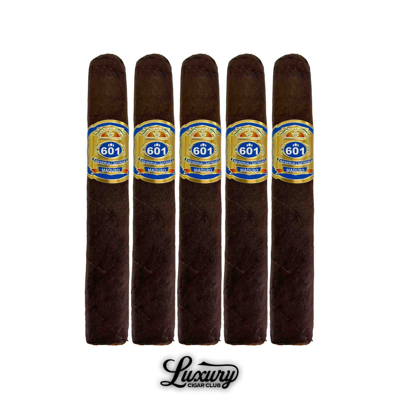 Espinosa 601 Blue Maduro Robusto 5-pack showcasing oily dark wrappers and vibrant blue labels, available from Luxury Cigar Club.