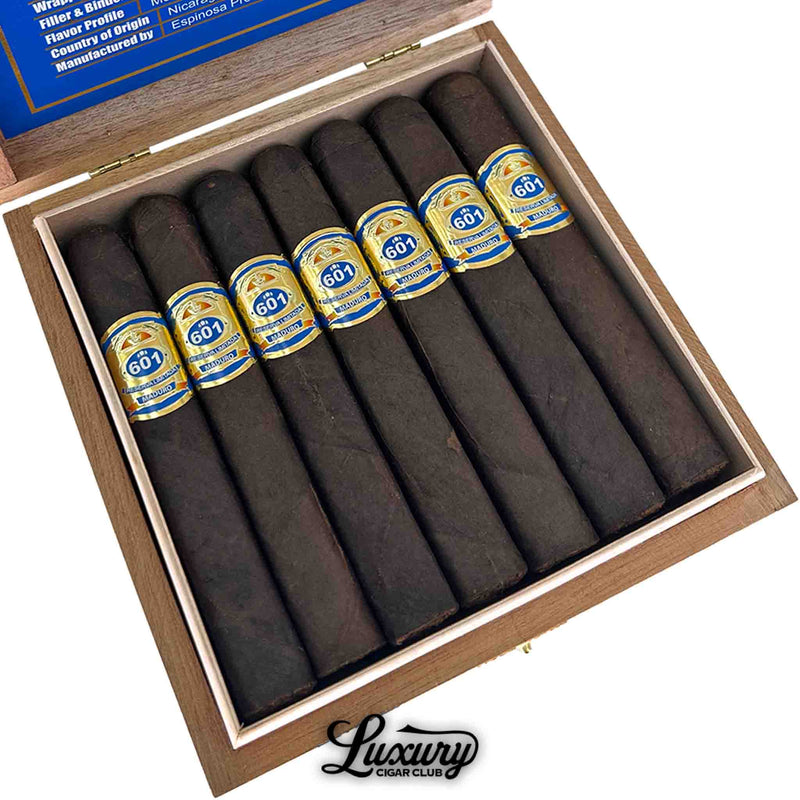 Close-up of Espinosa 601 Blue Maduro Robusto cigars highlighting rich Maduro wrappers and blue-and-gold bands, featured by Luxury Cigar Club.