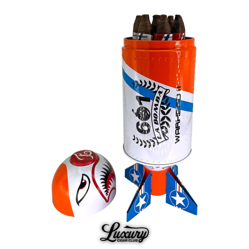 Open 601 La Bomba Warhead II bomb-shaped humidor revealing cigars inside, painted with military-style graphics, from Luxury Cigar Club.