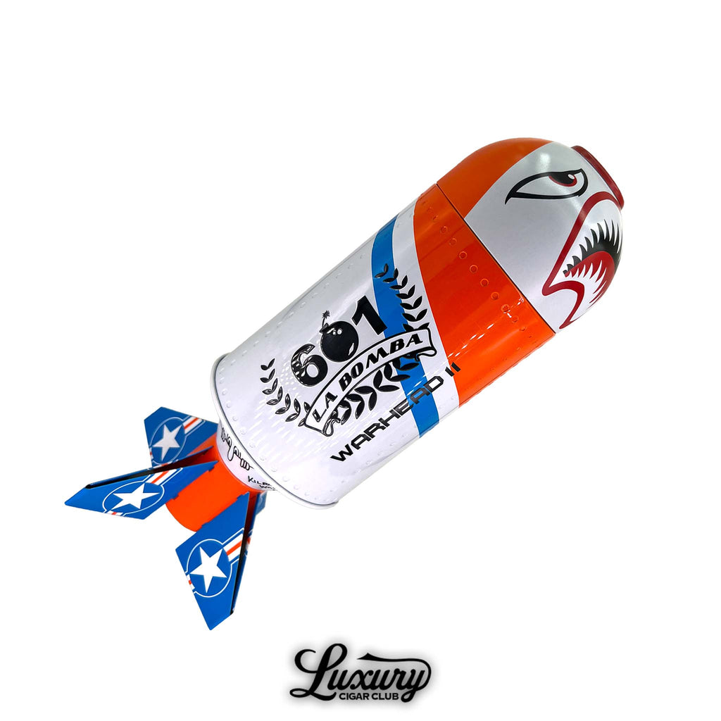 601 La Bomba Warhead II limited edition cigar humidor in a bomb-shaped design with orange, white, and blue finish, available at Luxury Cigar Club.