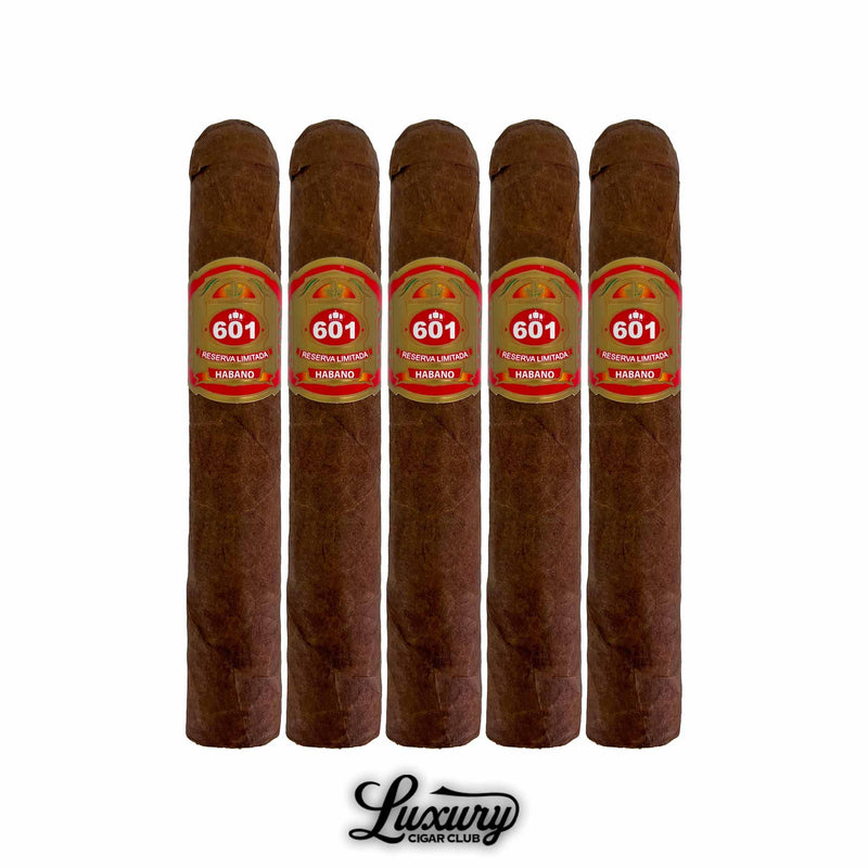 Espinosa 601 Red Habano Robusto 5-pack featuring medium-brown Habano wrappers and classic red bands, available from Luxury Cigar Club.