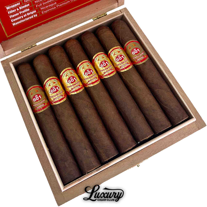 Close-up of Espinosa 601 Red Habano Robusto cigars revealing smooth Habano wrappers and red-gold branding, featured by Luxury Cigar Club.