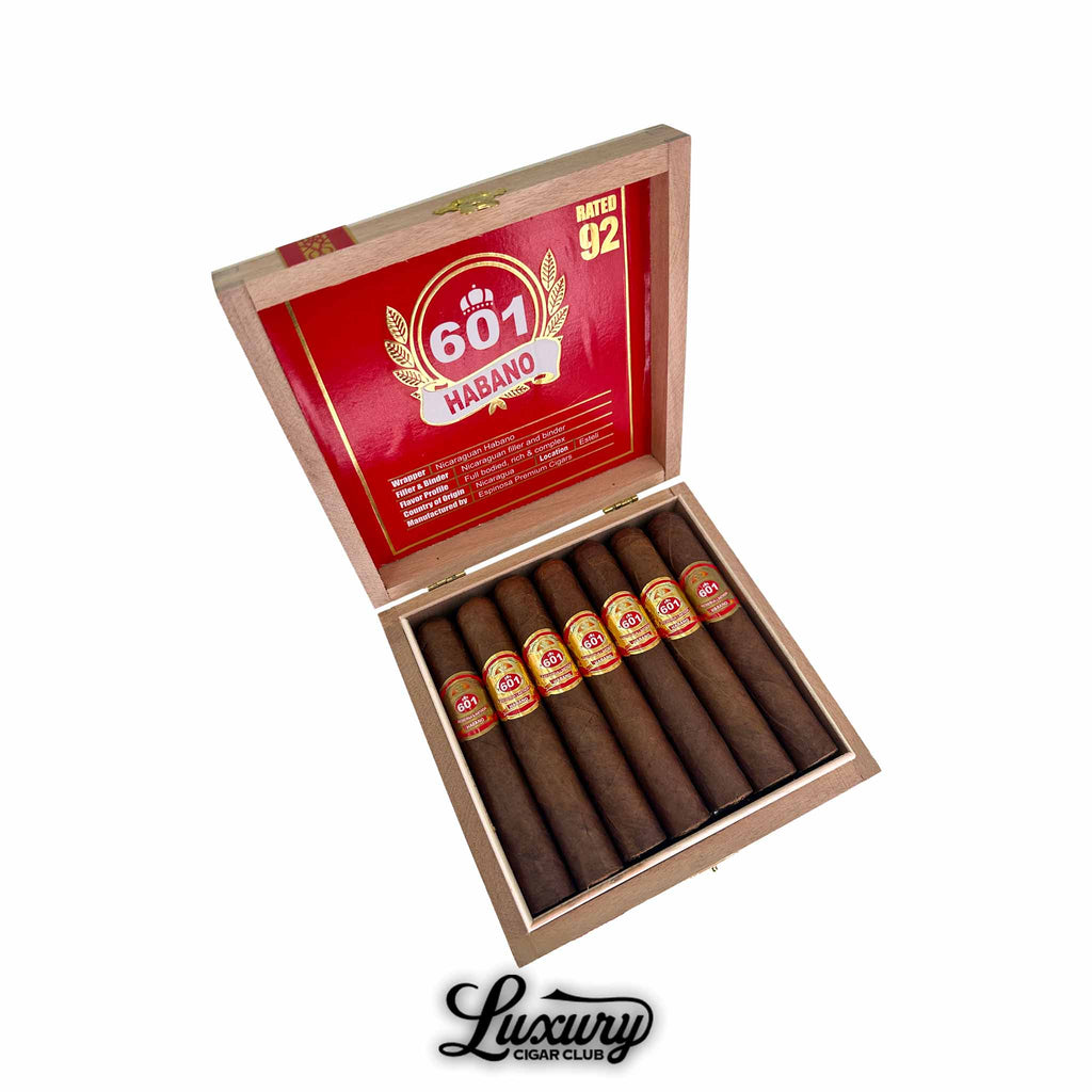 Espinosa 601 Red Habano Robusto cigars in an open box with signature red and gold design, presented by Luxury Cigar Club.
