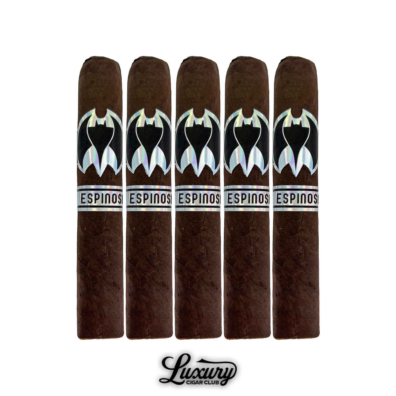 Espinosa Murcielago Robusto Box Press 5-pack highlighting dark, box-pressed cigars with holographic silver bands, available from Luxury Cigar Club.