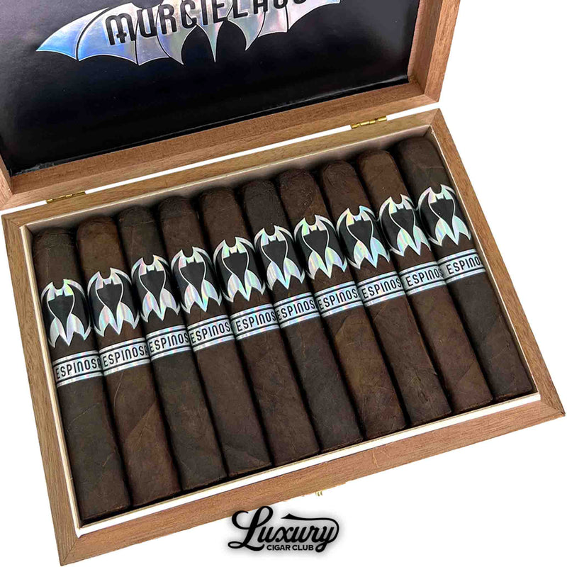 Close-up of Espinosa Murcielago Robusto Box Press cigars showing rich Maduro wrappers and metallic bat logo bands, featured by Luxury Cigar Club.