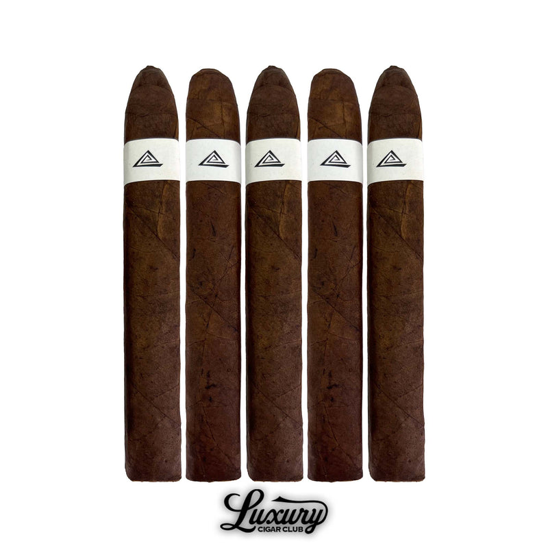 Five count lineup of Fable Fourth Prime Friday cigars standing upright, highlighting dark chocolate brown wrapper leaf and clean white band with triangle logo.