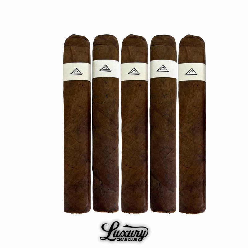 Five pack of Fable Fourth Prime Machu cigars arranged in a row, focusing on the dark Nicaraguan style wrapper and minimal white band with triangle branding.