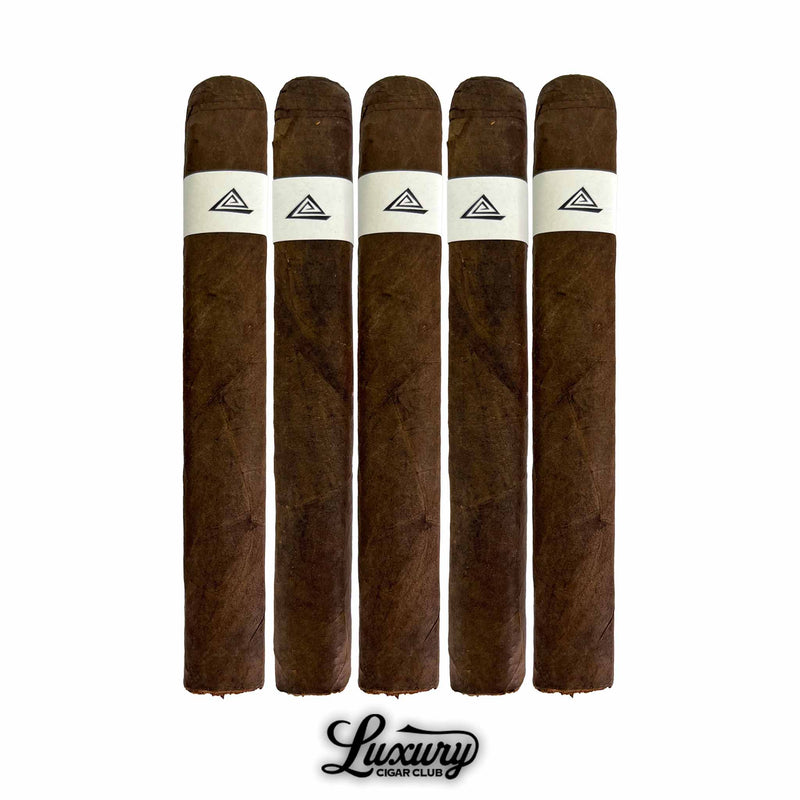 Five Fable Fourth Prime Sapta cigars lined up side by side on a white background showing the dark brown wrapper and white minimalist band, photographed for Luxury Cigar Club