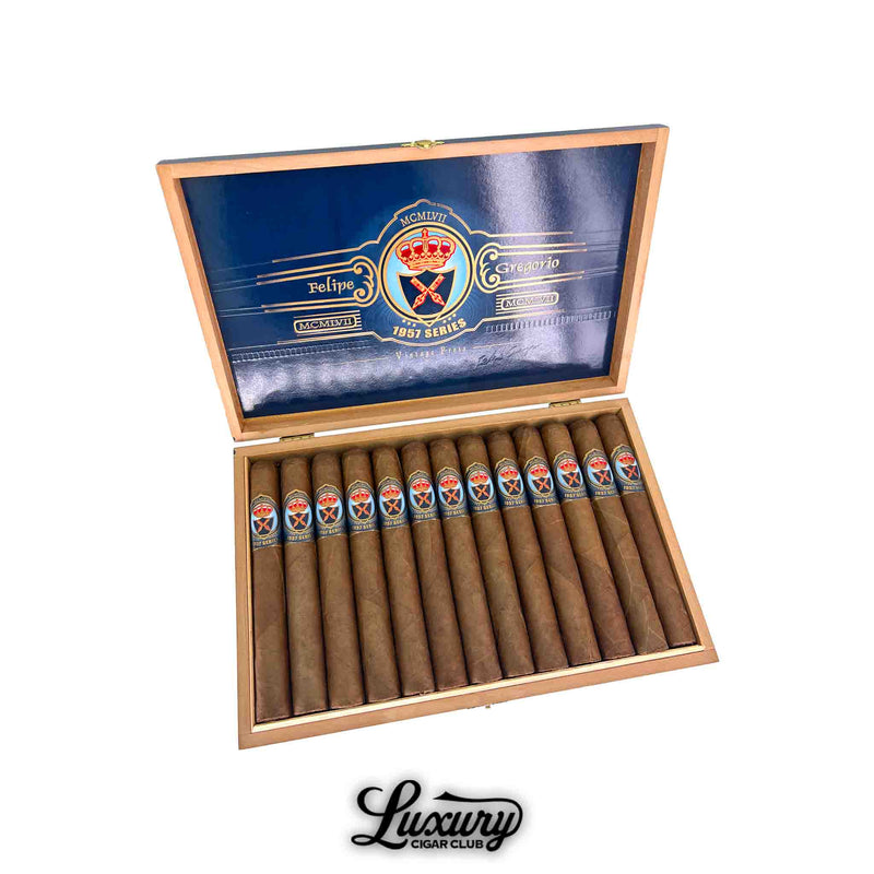 Felipe Gregorio 1957 Series FG54 cigars displayed in an elegant blue and gold box, showcasing refined presentation and craftsmanship, available at Luxury Cigar Club.