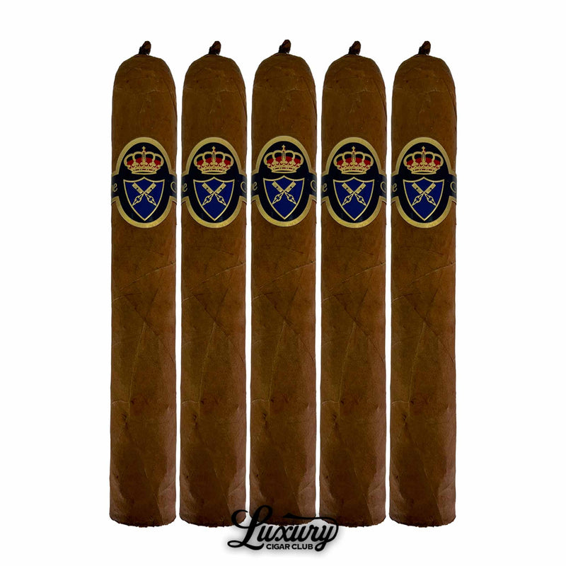 Five Felipe Gregorio Classic Mystic Knight cigars in a row, showcasing golden crown and shield band design, Luxury Cigar Club logo.