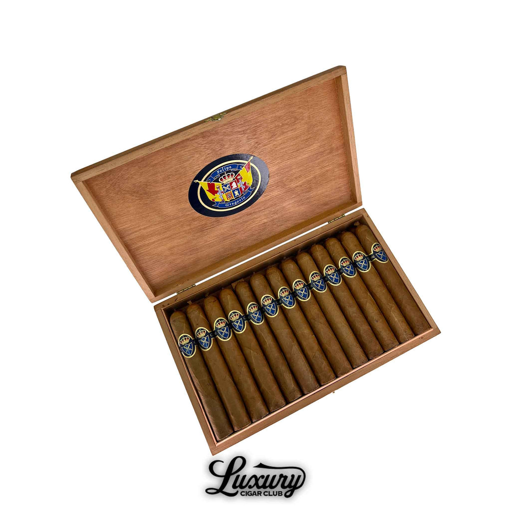 Open box of Felipe Gregorio Classic Mystic Knight cigars with 25 cigars inside, displayed in a wooden box with brand crest, Luxury Cigar Club logo.