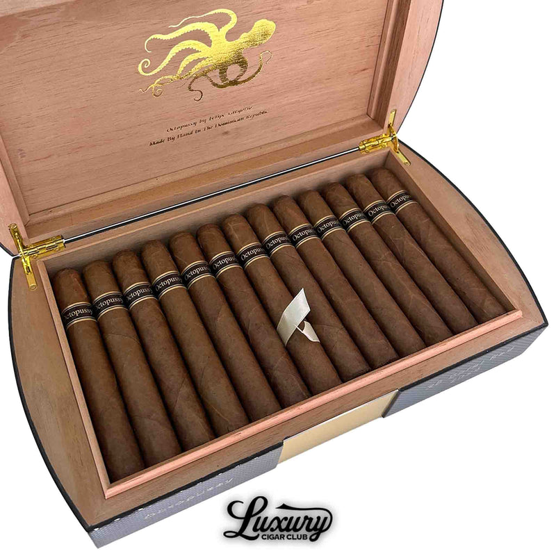 Close-up of Felipe Gregorio Octopussy cigars inside a premium wooden humidor, featuring dark brown wrappers, black and silver bands, and a gold-stamped octopus logo on the lid.