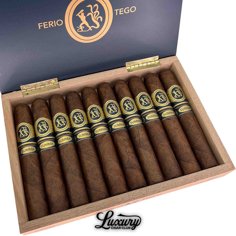 Close up of Ferio Tego Summa gordo cigars in open wooden box with navy blue lid and gold branding highlighting rich medium plus profile at Luxury Cigar Club