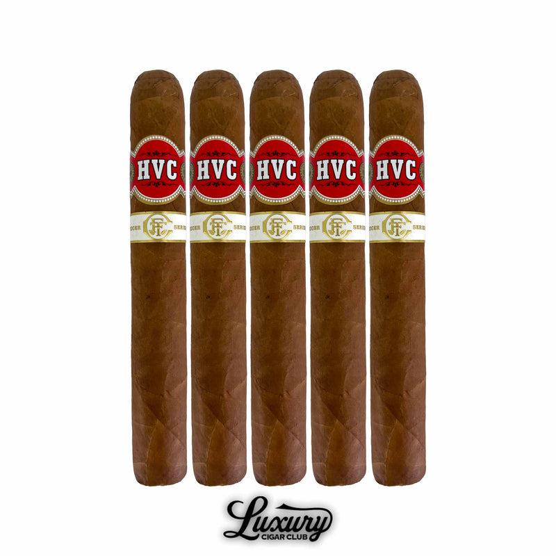 Five Fine Tobacco Club Ledger Series Volume 1 HVC Robusto Extra cigars lined up with red and white bands featuring the HVC and FTC emblems Luxury Cigar Club logo below