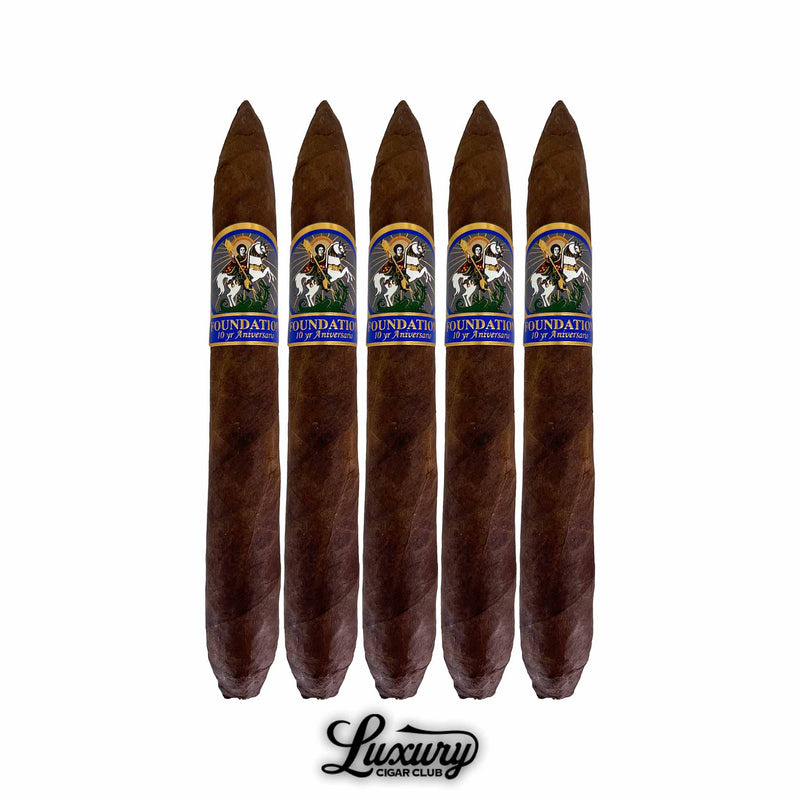 Five-pack of Foundation 10 Year Anniversario Salomon cigars with dark oily wrapper and detailed anniversary band from Luxury Cigar Club