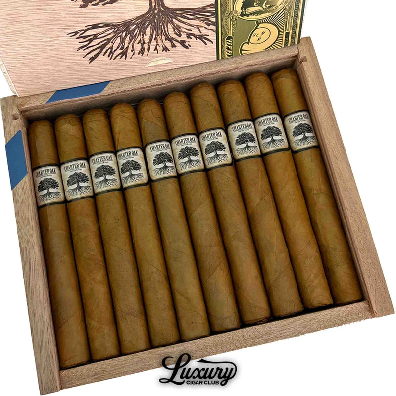 Close-up of Foundation Charter Oak Connecticut Petite Corona cigars arranged in a wooden box with smooth Connecticut wrappers and black-and-white tree emblem bands. Luxury Cigar Club logo beneath.