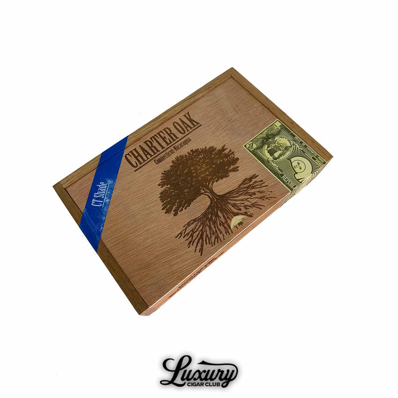 Closed box of Foundation Charter Oak Connecticut Rothschild cigars with blue CT Shade label and oak tree branding – available at Luxury Cigar Club