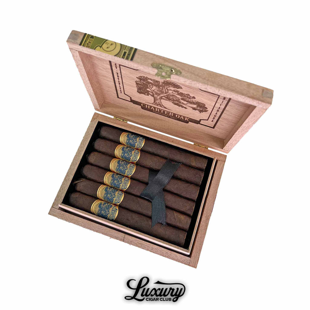 Open box of Foundation Charter Oak Pasquale Limited Edition Corona cigars from Luxury Cigar Club. The cigars feature a dark brown wrapper with blue and gold bands showcasing the Charter Oak tree design. The cigars are neatly arranged in two rows and secured with a black ribbon. The inside lid is engraved with the Charter Oak logo and branding.