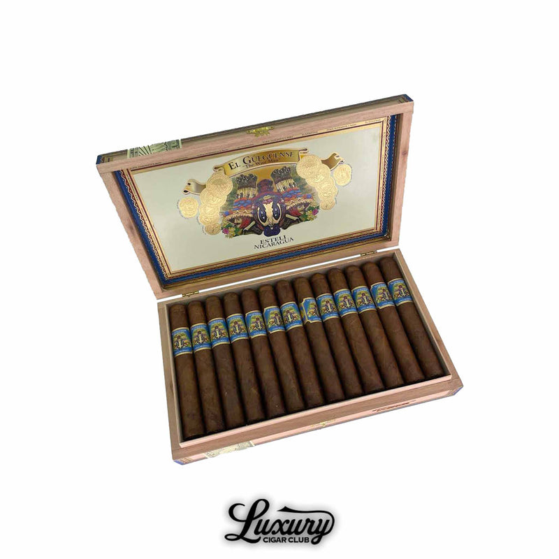 Box of Foundation Cigars El Güegüense The Wise Man Robusto from Luxury Cigar Club, featuring 14 handcrafted cigars with Nicaraguan tobacco, vivid artwork, and traditional gold-embossed box design.