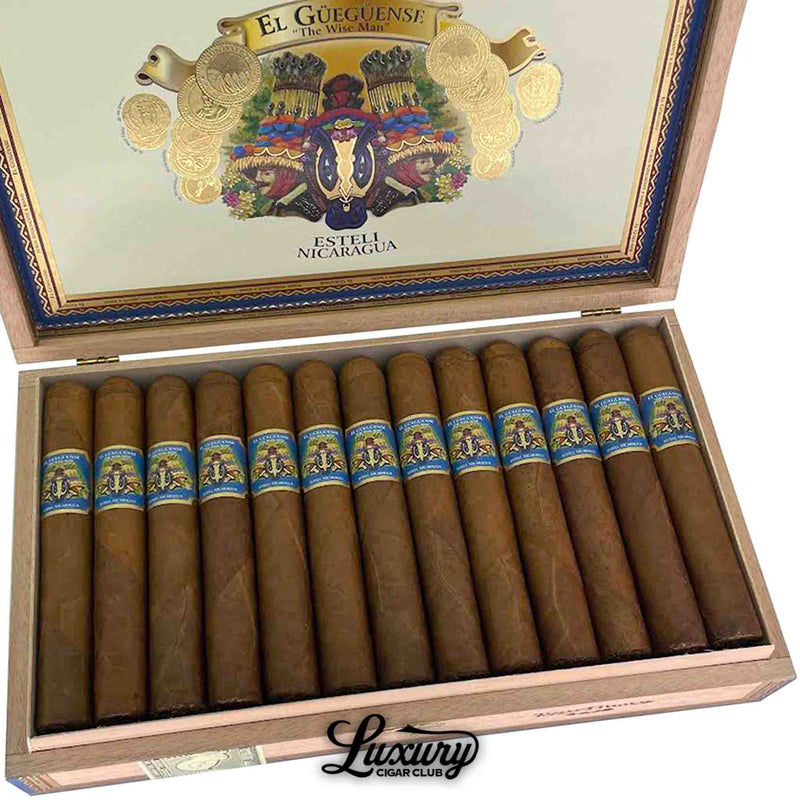 Close-up of Foundation Cigars El Güegüense The Wise Man Toro Huaco from Luxury Cigar Club, capturing fine construction, smooth tobacco texture, and intricate cigar band artwork.