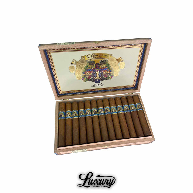 Box of Foundation Cigars El Güegüense The Wise Man Toro Huaco from Luxury Cigar Club, featuring 14 hand-rolled cigars with vivid blue-and-gold bands and a decorative lid showcasing traditional Nicaraguan imagery.