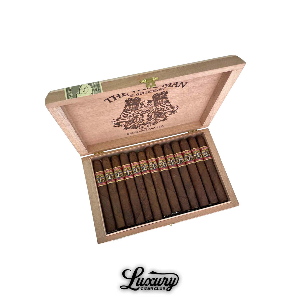 Open box of Foundation Cigars The Wise Man Maduro Corona Gorda displayed at Luxury Cigar Club with detailed branding on the inside lid.