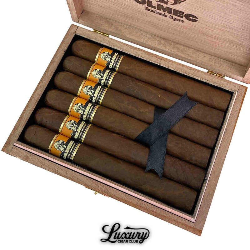 Close-up of Foundation Olmec Claro Double Corona cigars in box – premium medium to full-bodied Nicaraguan cigars with golden Claro wrappers, available at Luxury Cigar Club