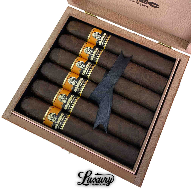 Close-up of Foundation Olmec Maduro Grande cigars in box – bold full-bodied cigars with dark Mexican San Andrés wrapper, handcrafted in Nicaragua, from Luxury Cigar Club