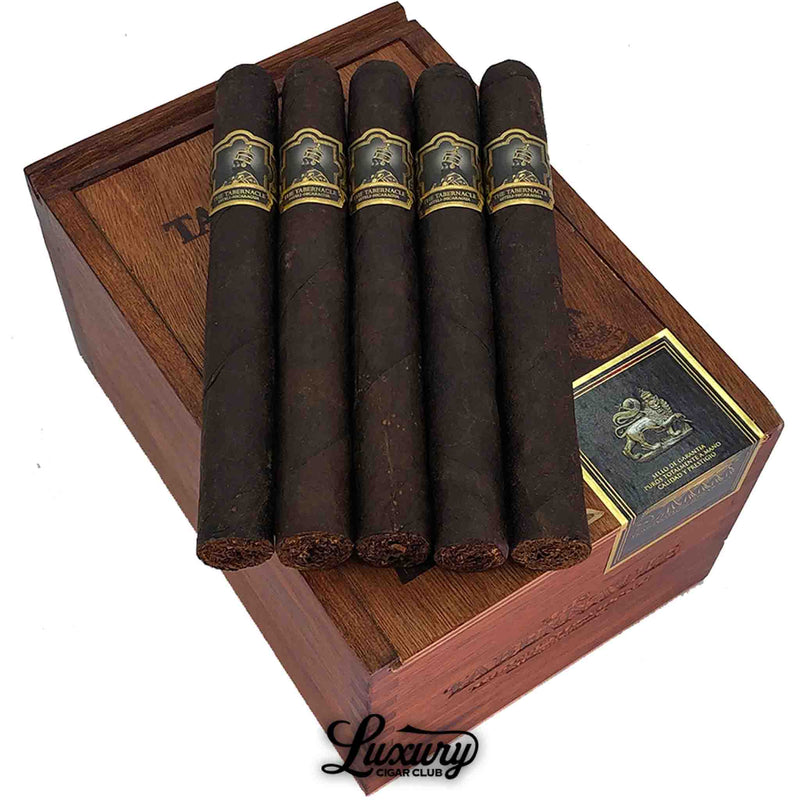 Close-up of Foundation Tabernacle Broadleaf Double Corona cigars resting on a branded wooden box – full-bodied Maduro cigars by Foundation Cigar Co. sold at Luxury Cigar Club