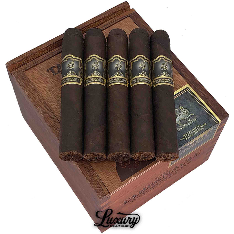 Close-up of Foundation Tabernacle Broadleaf Robusto cigars on wooden box – full-bodied Maduro Robusto cigars by Foundation Cigar Co. at Luxury Cigar Club