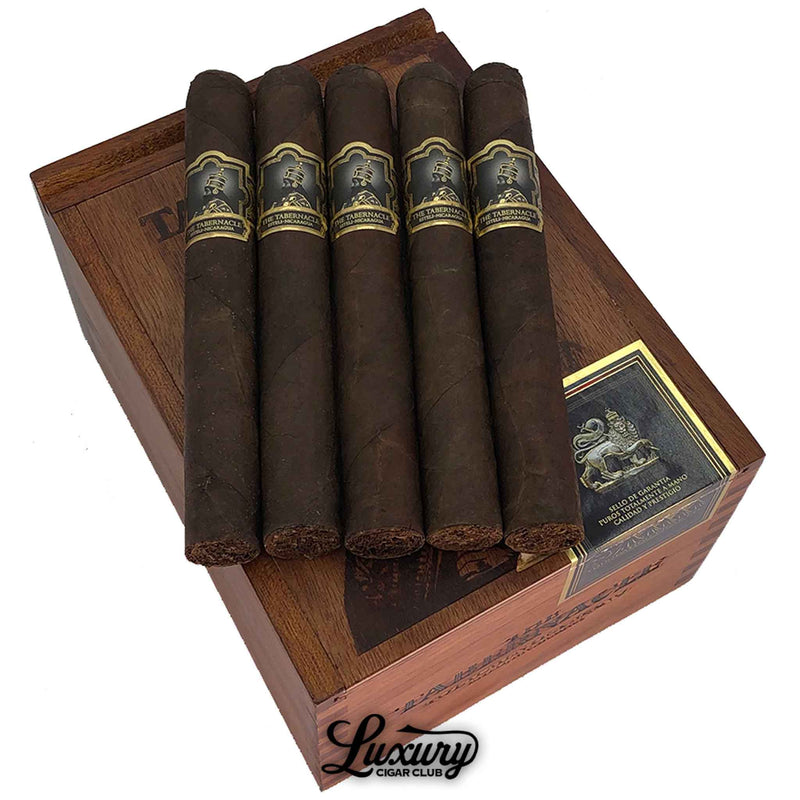 Close-up of Foundation Tabernacle Broadleaf Toro cigars on wooden box – rich full-bodied Maduro Toro cigars from Foundation Cigar Co. available at Luxury Cigar Club