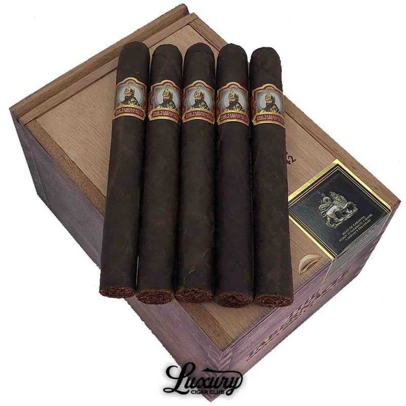Close-up of Foundation Tabernacle Havana Seed CT No. 142 Double Corona cigars on box – premium medium to full-bodied cigars by Foundation Cigar Co. at Luxury Cigar Club